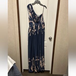 ChicMe Elegant Blue and Cream One-Shoulder Dress - Size Medium